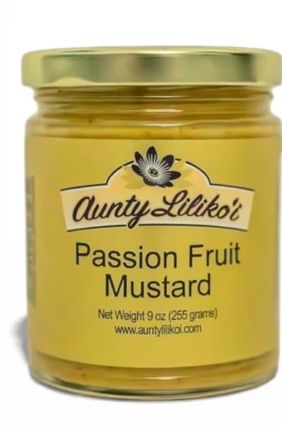 A jar of Aunty Lilikoʻi Passion Fruit Mustard, the original Hawaiian style mustard